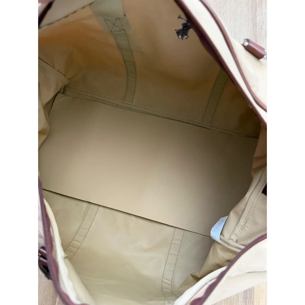 Polo Ralph Lauren Vintage Canvas Duffle Bag Tan Brown Leather Trim Weekender